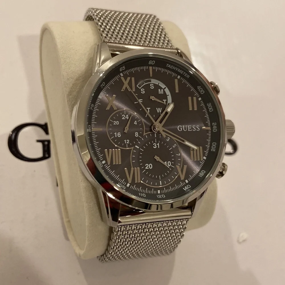 Silver-Tone And Grey Mesh Multifunctional Watch